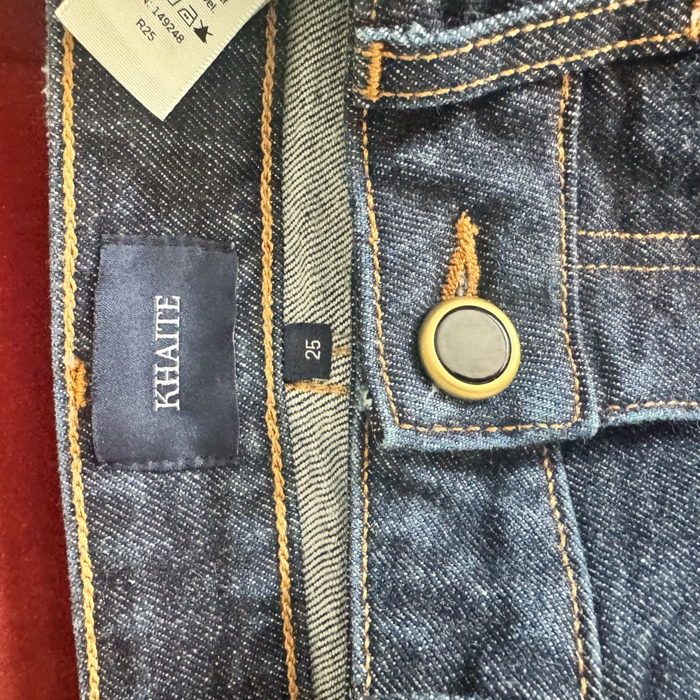 KHAITE Women's Dark Blue Straight Leg Jeans with Gold Stitching